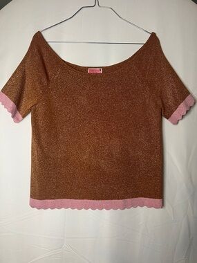 kate spade Rust Glitter Short Sleeve Top with Pink Scallop Trim